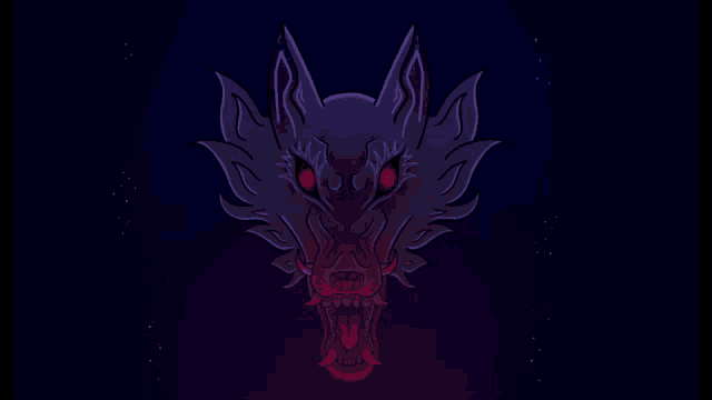 a cartoon drawing of a wolf with red eyes