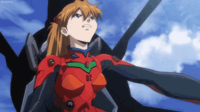 a woman in a red suit with the number 02 on her chest