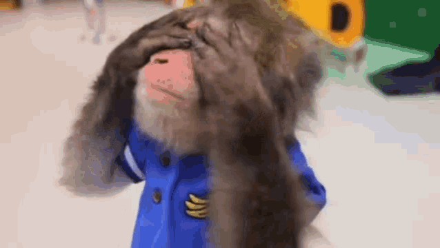 a monkey in a blue jacket is covering its eyes with its hand .