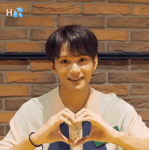 a young man making a heart shape with his hands in front of a brick wall with the letter h on it