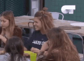 a group of young women are sitting at a table eating .