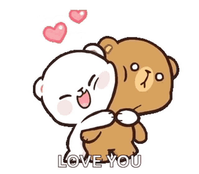 a couple of teddy bears hugging each other with hearts flying in the background .