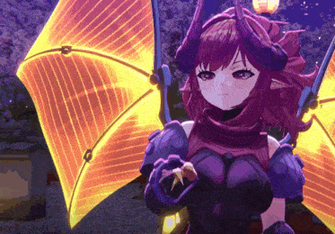 a girl with horns and wings is wearing a purple and black outfit
