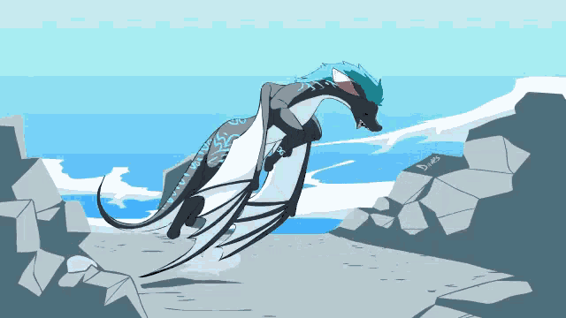 a drawing of a black and white dragon with blue feathers