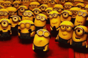 a group of minions are gathered together on a red surface