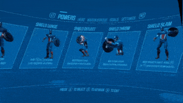 captain america 's shield lunge shield deflect shield throw and shield slam are shown on a screen