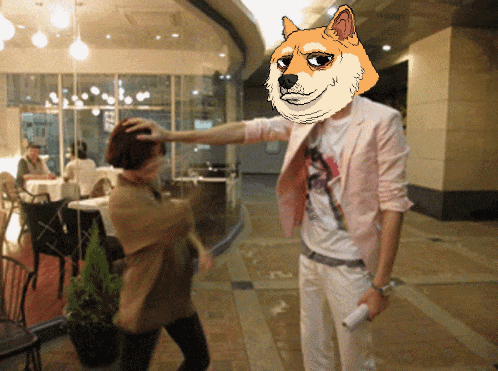 a man wearing a doge mask holds a woman 's hair