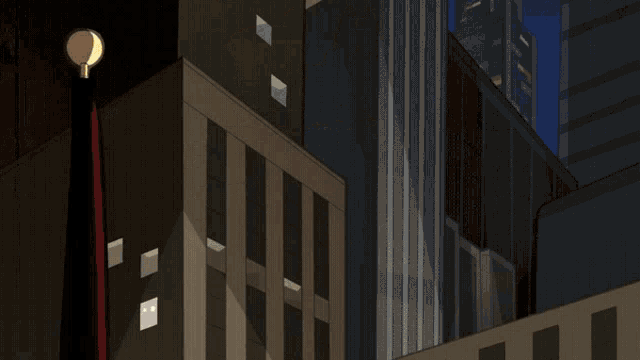 a blurry picture of a building with a superhero hanging from the side