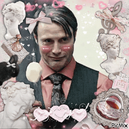 a man with a pink bow on his head is surrounded by pink hearts and sculptures
