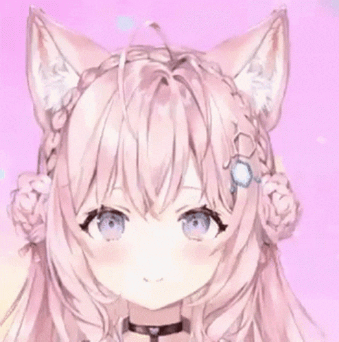 a close up of a pink anime girl with cat ears and braided hair .