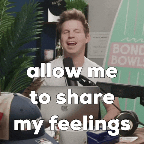 a man singing into a microphone with the words " allow me to share my feelings "