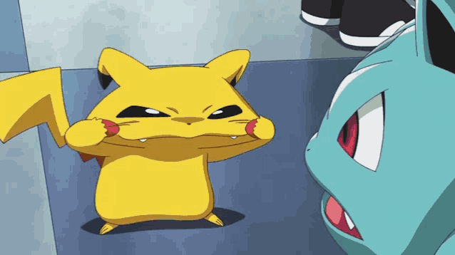 a pikachu and a bulbasaur are standing next to each other in a room