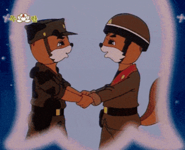 a cartoon of two soldiers shaking hands with chinese writing on the bottom left