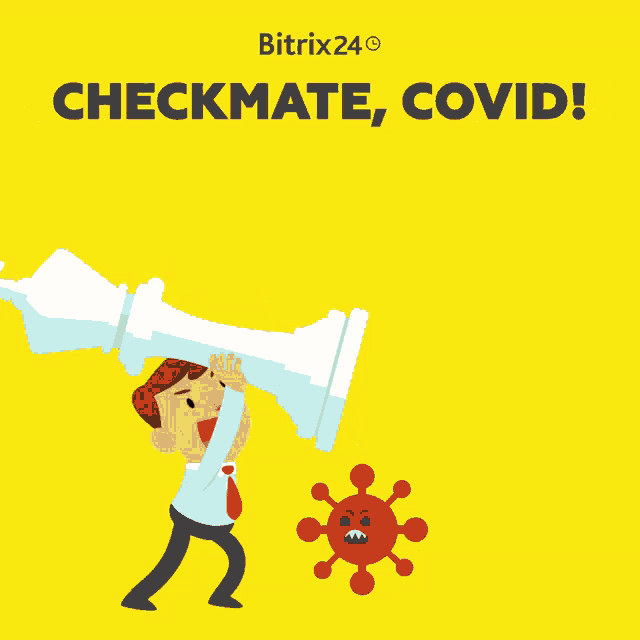 a cartoon of a man pushing a chess piece with the words checkmate covid