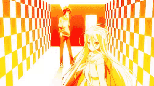 a man and a girl are standing next to each other in a hallway with checkered walls .