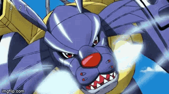 a close up of a cartoon character with a red nose and sharp teeth .