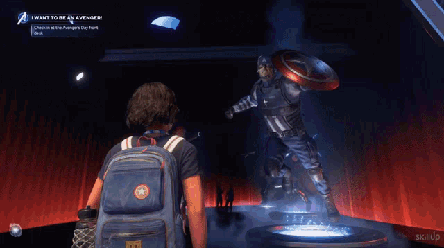 a man with a backpack stands in front of captain america in a video game