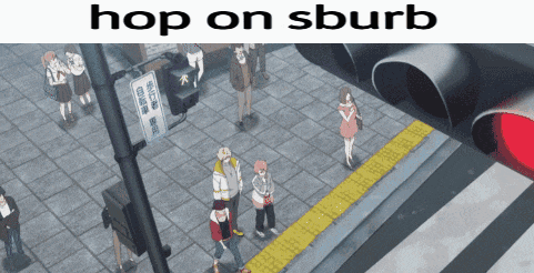 a group of people standing on a sidewalk with the words hop on sburb written above them