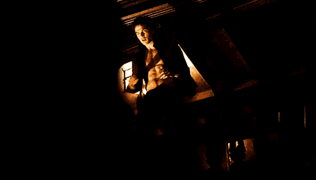 a shirtless man is standing in a dark room