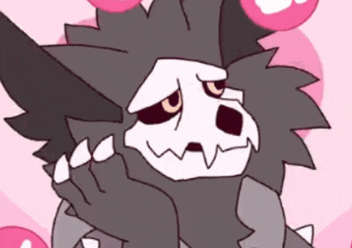 a cartoon drawing of a skeleton with a skull on its head and hearts around it .