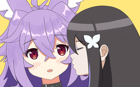 a girl with purple hair kisses a girl with black hair