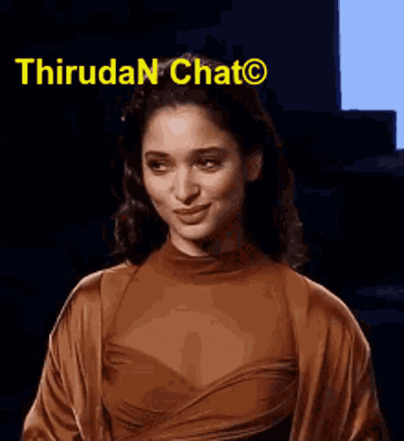 a close up of a woman 's face with the words thiruda n chat on the bottom .