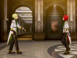 two anime characters standing next to each other in a hallway .