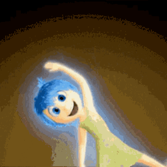 a cartoon character with blue hair and blue eyes is dancing