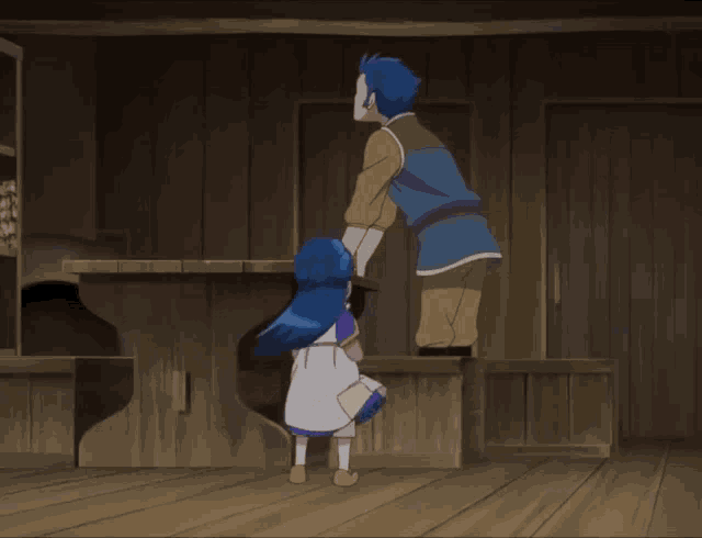 a boy and a girl are holding hands in a wooden room