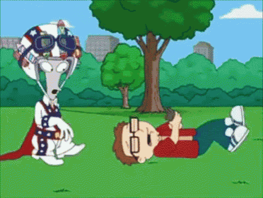 a cartoon of a man laying on the grass with a superhero standing next to him