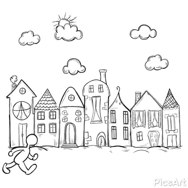 a black and white drawing of a man running in front of a row of buildings