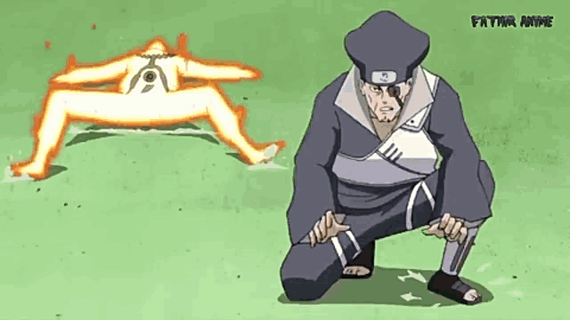 a cartoon of a man kneeling in front of a fireball with fatmir anime written on the bottom left