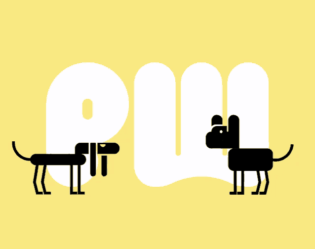 two black dogs are standing next to each other in front of a large white letter e on a yellow background
