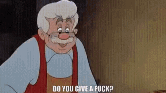 a cartoon character with glasses and a mustache is asking do you give a fuck .