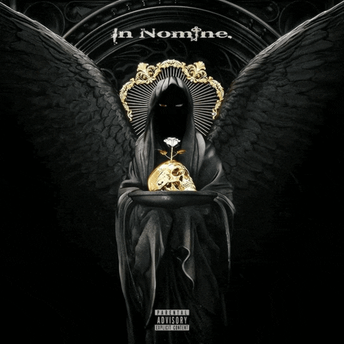 a grim reaper with wings holding a skull and a rose on the cover of an album called in nomine