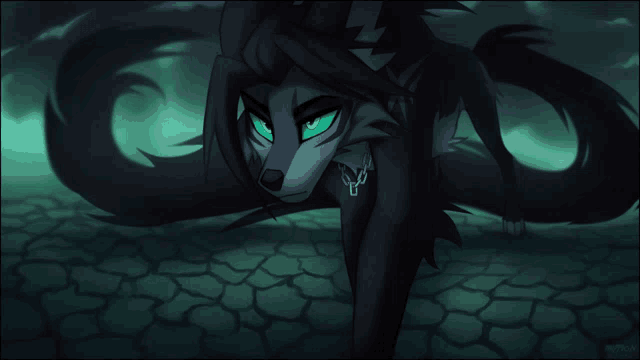 a drawing of a black wolf with green eyes and a chain around its neck