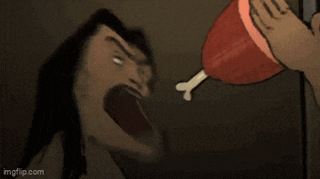 a cartoon of a man with his mouth open eating a piece of meat ..