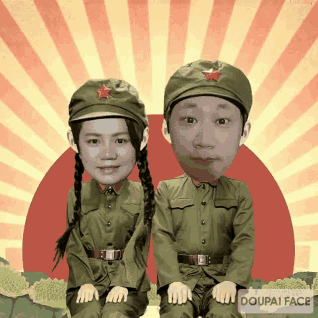 a man and a woman in military uniforms are sitting next to each other in front of a sunburst
