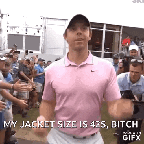 a man in a pink shirt says my jacket size is 42s bitch made with gifx