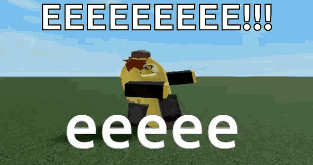 a cartoon character is standing in a field with the words eeeeeeee !! eee