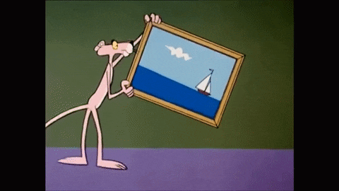 a pink panther is holding up a picture of a sailboat in the ocean