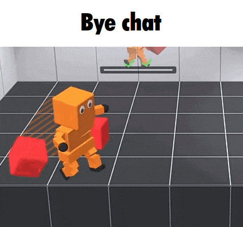 a robot is walking on a tiled floor with the words bye chat written above it .