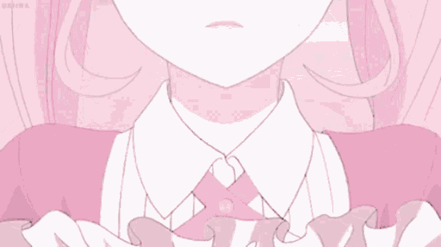 a girl with pink hair is wearing a pink dress and a white shirt .