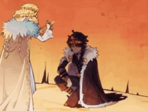 a cartoon drawing of a woman standing next to a man kneeling down in the desert .