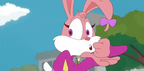 a cartoon bunny with purple eyes and a pink bow on her head
