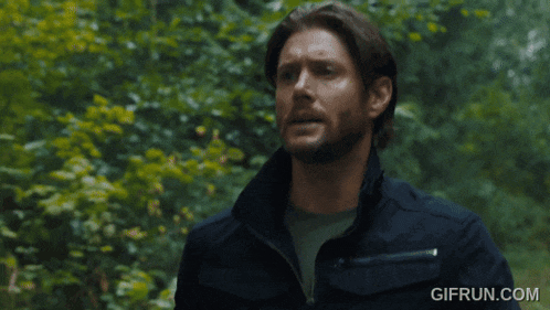 a man in a black jacket is standing in a forest with a gifrun.com watermark