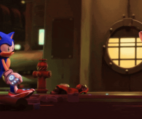 a cartoon character named sonic the hedgehog is standing on a street