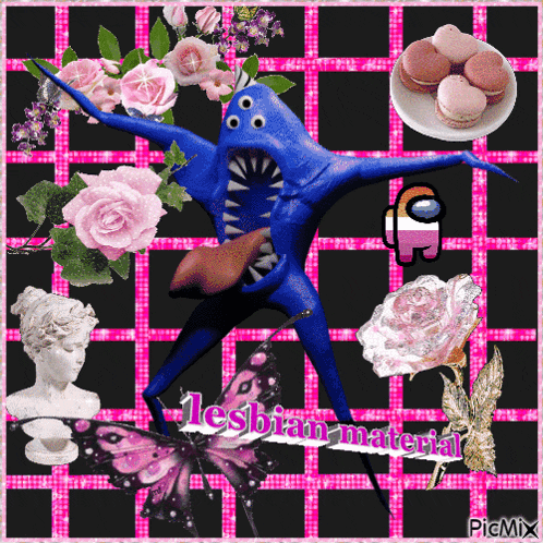 a picture of a blue monster surrounded by pink flowers and among us icons