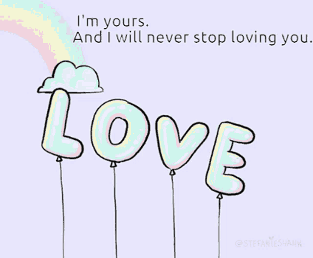 a drawing of balloons that spell out the word love with a rainbow in the background