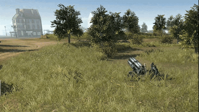a video game scene with a house and trees in the background